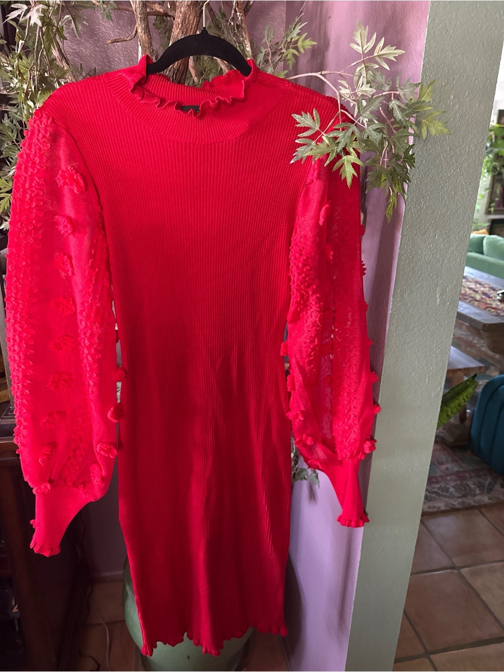 Almost Famous Red Ribbed Knit Sweater Dress Sheer Balloon Sleeve Large